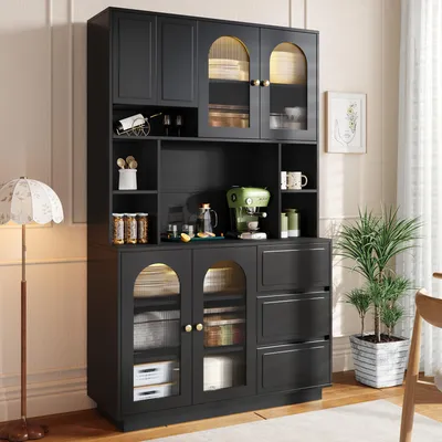 Produktbild von okwish Küchenschrank mit Schubladen und Bogen-Acryltüren, Hochschrank mit farbwechselnder LED, mit offenen Fächern, Schwarz