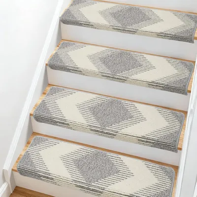 Zdjęcie produktu dla YEERSWAG Zestaw 15 mat schodowych Bullnose 76×24×4,3 cm, antypoślizgowe maty dywanowe do przyklejenia taśmą do schodów drewnianych, szary+beżowy