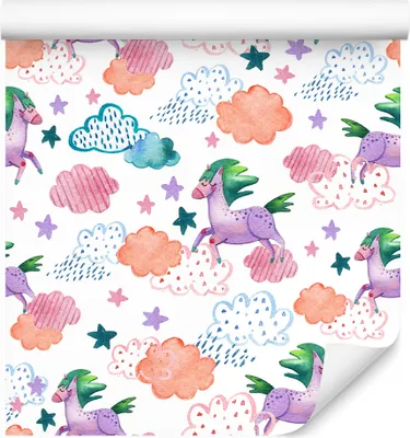 Obrázok produktu pre 10m VLIES WALLPAPER rolka škôlka Einhürner hviezdy mraky akvarel XXL