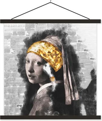Produktbild von MuchoWow® Textilposter Das Mädchen mit dem Perlenohrring - Vermeer - Gold 120x120 cm mit schwarzem Rahmen - Aufhängungsset