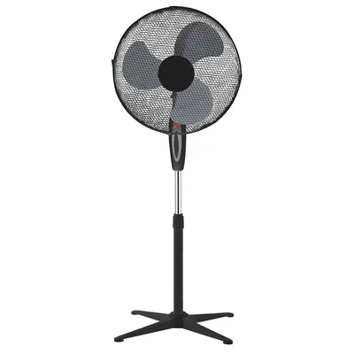 A black oscillating stand fan with a silver pole and a black base, isolated on a white background.