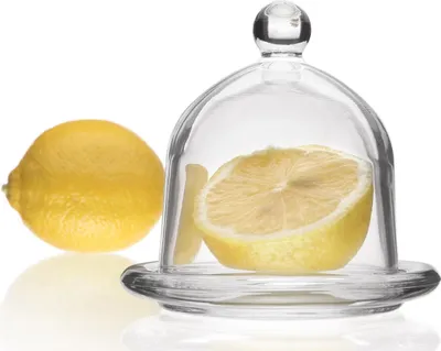 Produktbild von Glashaube 12,5cm Glasglocke mit Teller Zitronenglocke Glasdom Muffinglocke Klar