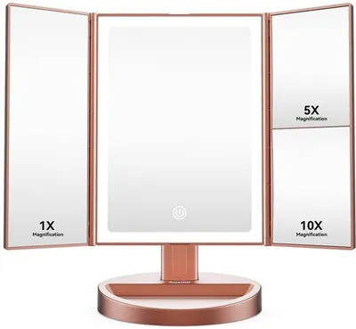 Image de Miroir de maquillage avec éclairage, grossissement 10x/5x/1x, 3 couleurs de lumière, éclairage LED, recharge USB, pliable, or rose