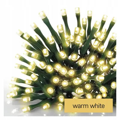 A close-up of a string of warm white LED lights with green wires.