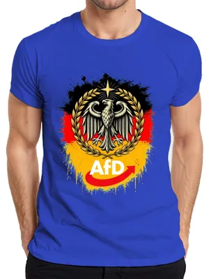 Zdjęcie produktu dla T-shirt męski, kolor niebieski, rozmiar M. Nadruk: "AfD Deutschland Patriot Bundesadler Schwarz" (z elementami ironii/sarkazmu)
