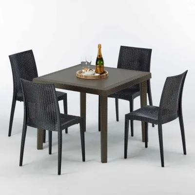 Produktbild von Poly Rattan Tisch Quadratisch mit 4 Bunten Stühlen 90x90 Braun Brown Passion