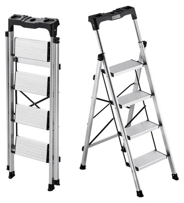 Image de Escabeau de ménage - Échelle pliante à 4 marches - Marches antidérapantes - Main courante - Capacité de charge : 150 kg - Aluminium - Argent