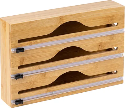 Zdjęcie produktu dla Dozownik folii Relaxdays, 3 rolki, szuflada, bambus, wys. x szer. x gł. 22 x 33,5 x 7 cm, nóż do folii kuchennej, uchwyt na folię, kolor naturalny