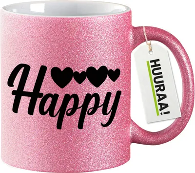 Produktbild von Huuraa Glitzertasse Happy Herzen 330ml Pink Keramik Kaffeebecher Geschenkidee