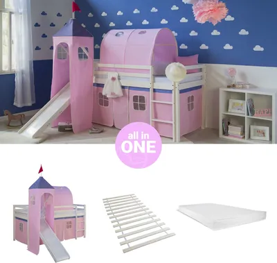 Produktbild von Homestyle4u Hochbett 90x200 mit Matratze Turm Tunnel Rutsche Vorhang rosa Kinderbett Weiß Holz Kiefer Massiv Lattenrost