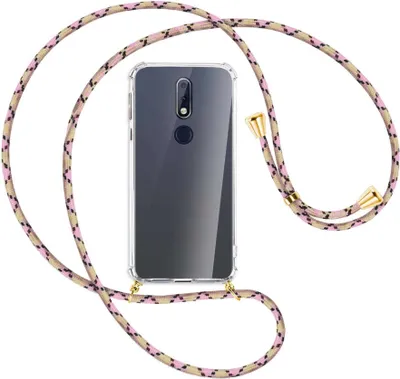 Produktbild von Handykette Backcover-Schutzhülle mit Band (Metall goldfarben) für Nokia 7.1 - rosa Karo