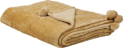 Zdjęcie produktu dla BELIANI Koc żółty narzuta z pomponami 200 x 220 cm na łóżko sofę akcesoria dekoracyjne