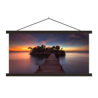 Produktbild von MuchoWow® Textilposter Sonnenuntergang - Brücke - Bäume - Wasser - Insel 120x60 cm mit schwarzem Rahmen - Dekoration Schlafzimmer
