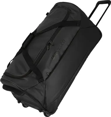 A black rolling duffel bag is shown against a white background.