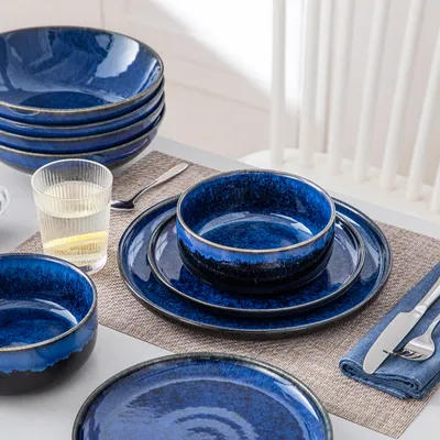 Image de Service de table en céramique stoneware, 48 pièces service combiné, set de vaisselle pour 12 personnes, avec assiette creuse, assiette à dessert, assiette à soupe et bol