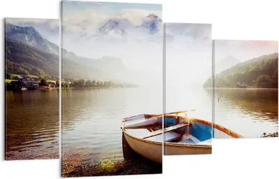 Produktbild von Bild auf Leinwand - Leinwandbild - Berge See Boot - 120x70cm - Wand Bild - Wanddeko - Wandbilder - Leinwanddruck - Bilder - Kunstdruck - Wanddekoration - Leinwand bilder - Wandkunst - DL120x70-3927