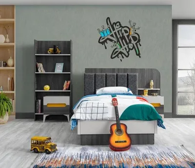 Produktbild von Kinderzimmer Kinderbett Bett Nachttisch Buecherregal Holz Möbel Grau Set
