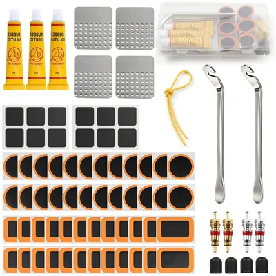 Imagen del producto de Kit de reparación de bicicletas, de 79 piezas, con palancas para neumáticos de metal, apto para bicicletas y motocicletas