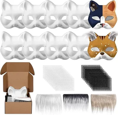 Produktbild von Weiße Katzenmasken DIY, 10 Stück, unbemalt mit Gummibändern, Kunstfell und Eye Mesh für Halloween, Cosplay und Karneval