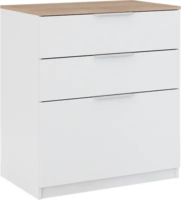 A white dresser with a wood-effect top and three drawers, shown from a slight angle against a white background.