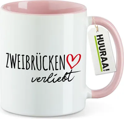 Produktbild von Huuraa Kaffeetasse Zweibrücken verliebt 330ml Rosa Keramik Kaffeebecher Geschenkidee