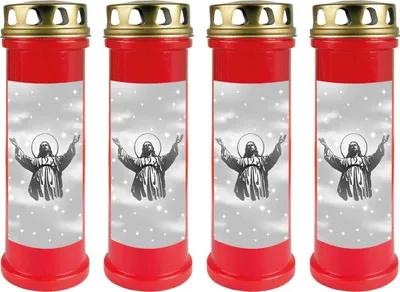 Produktbild von Grabkerze Rot 4er Pack, Brenndauer: 100 Stunden ( je Kerze ), Motiv: Jesus