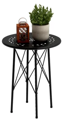 Produktbild von Gartentisch Ø40 x 50 cm, wetterfester Balkontisch aus Stahl, Beistelltisch mit Blumendesign, runder Esstisch für Outdoor, Campingtisch für Terrasse und Balkon in Schwarz