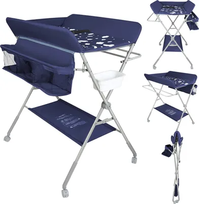 Image de Table à langer Table à langer mobile Table à langer pliable avec panier de rangement Réglable en hauteur Bleu marine