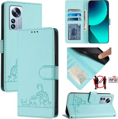 Produktbild von Leder Hülle für Xiaomi 12 Pro/Xiaomi 12S Pro Süße Katze Flip Case Brieftasche Schutzhülle mit Standfunktion hellgrün