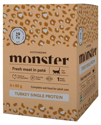 Zdjęcie produktu dla Monster Cat Pouches Adult Turkey 8x85g Monoproteinowa Mokra Karma w Saszetce Dla Dorosłych Kotów z Indykiem