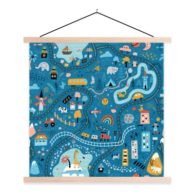 Produktbild von MuchoWow® Textilposter Kinder - Auto - Tiere - Blau 120x120 cm mit holzfarbenen Rahmen - Textil-Poster