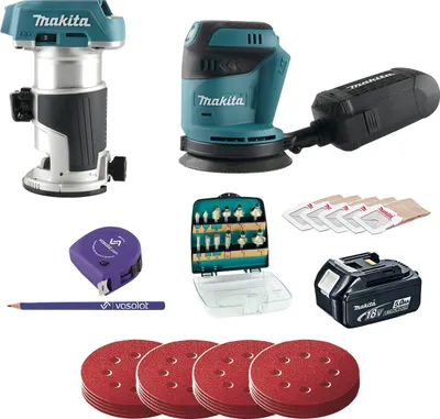 Produktbild von Makita Akku Exzenterschleifer 18V DBO180Z + Schleifscheiben Set 4-teilig K60/80/120/180 + Akku-Einhandfräse 18V DRT50Z, + Fräser 12-teilig, + 1x Akku 18V