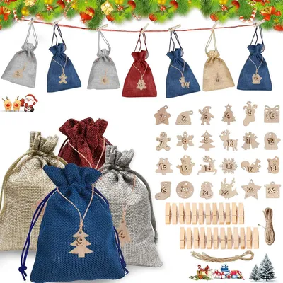 Produktbild von Adventskalender zum Befüllen, Weihnachten DIY, 24 Säckchen, Zahlen-Holzanhänger, Geschenksäckchen