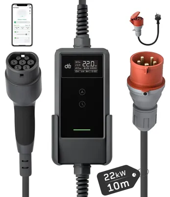 Produktbild von Elektroauto-Ladegerät - Mobile Wallbox - 22 kW - 32 A - 3-phasig - WiFi-App-Steuerung - 10 m Ladekabel - Typ 2