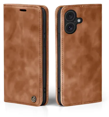 A brown leather flip case for a smartphone, shown from the front and back.
