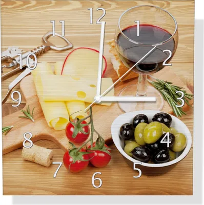 Produktbild von Wallario Design Wanduhr Genuss am Abend - Rotwein, Käseplatte, Oliven und Tomaten aus Aluverbund, Größe 30 x 30 cm