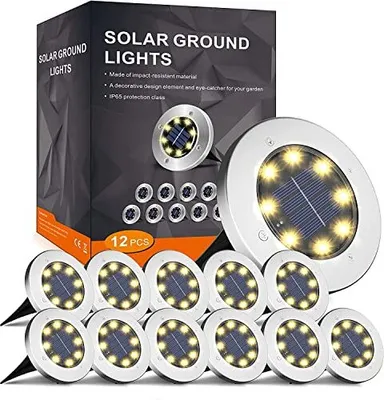 Produktbild von Solar Bodenleuchte Solarleuchte für Garten 8 LEDS Außenleuchte Wasserdicht Gartenleuchte Edelstahl Kunststoff Solarlampe außen Warmweiß 12 Stk
