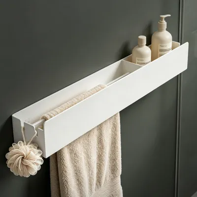 Produktbild von Mai & Mai Duschablage ohne Bohren mit Handtuchhalter, Shampoo Halterung für Dusche, Bad, Küche 60 cm Weiß Reglo-18