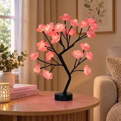 Produktbild von LED Rosenlampe Künstlich Rosenbaum Lampe USB Batteriebetrieben Nachttischlampe Nachtlicht Valentinstag Geburtstag Geschenke Deko, Rosa