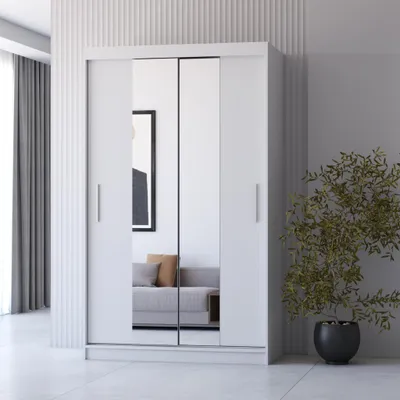 Produktbild von Schwebetürenschrank Kleiderschrank 120cm Weiß/Weiß mit Spiegeln Neomi 01