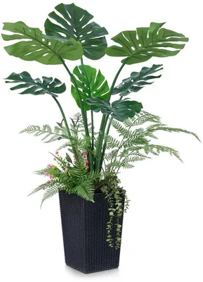 Obrázek produktu pro Umělá rostlina Monstera 120 cm – velká umělá květina s černým tobolovitým květináčem, dekorativní rostliny do koupelny, kanceláře, na balkon – umělé rostliny podobné živým, odolné proti UV záření, pro vnitřní i venkovní použití, VN150