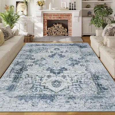 Productafbeelding van Wasbaar vloerkleed, 160x230 cm, korte pool, blauw, vintage stijl, zacht, antislip, boho