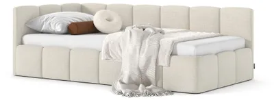 Produktbild von MyBed AURO TWIN LOW Polsterbett 90x200 cm mit Bettkasten - Stauraumbett Einzelbett, Niedrigbett mit Kopfteil, modernes Bett mit Stauraum, linke Seite