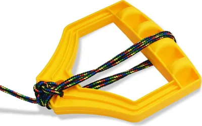 A yellow plastic sled handle with a multicolored rope attached.