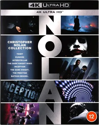 A collage of movie scenes and text promoting a Christopher Nolan film collection.