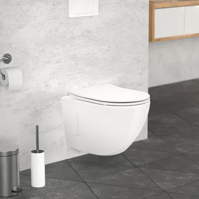 Produktbild von LuxeBath Spülrandloses Hänge WC kurz 49cm, Weiß glänzend, Toilette aus Keramik mit Antibakterieller Oberfläche, Abnehmbarer WC Sitz aus Duroplast mit Absenkautomatik Softclose