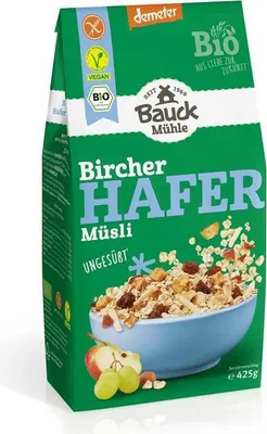 Produktbild von Bauck Mühle Hafer Müsli Bircher Demeter glutenfrei 425 g, 425 g, Hafer, Apfel, Traube, 375 kJ, 1578 kcal, 7,9 g