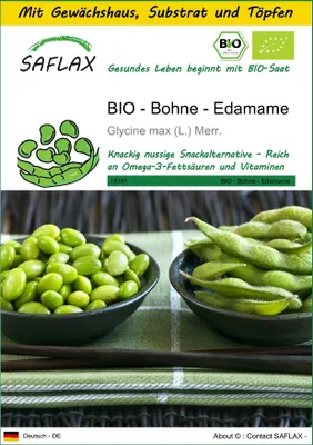 Produktbild von SAFLAX Anzucht Set - BIO - Bohne - Edamame - Glycine max (L.) Merr. - 8 Samen - Mit Mini-Gewächshaus, Anzuchtsubstrat und 2 Töpfen