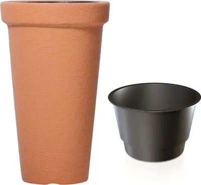A terracotta planter and a black insert are shown against a white background.