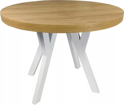 A round wooden table with white criss-cross legs, photographed against a white background.
